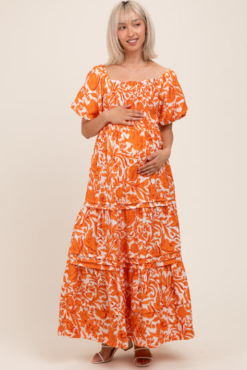 Orange Floral Smocked Puff Sleeve Maternity Maxi Dress