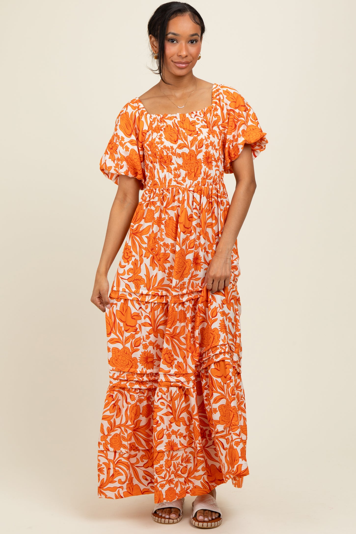 Orange Floral Smocked Puff Sleeve Maxi Dress