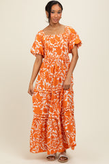 Orange Floral Smocked Puff Sleeve Maternity Maxi Dress