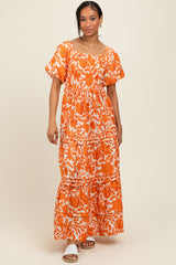 Orange Floral Smocked Puff Sleeve Maxi Dress