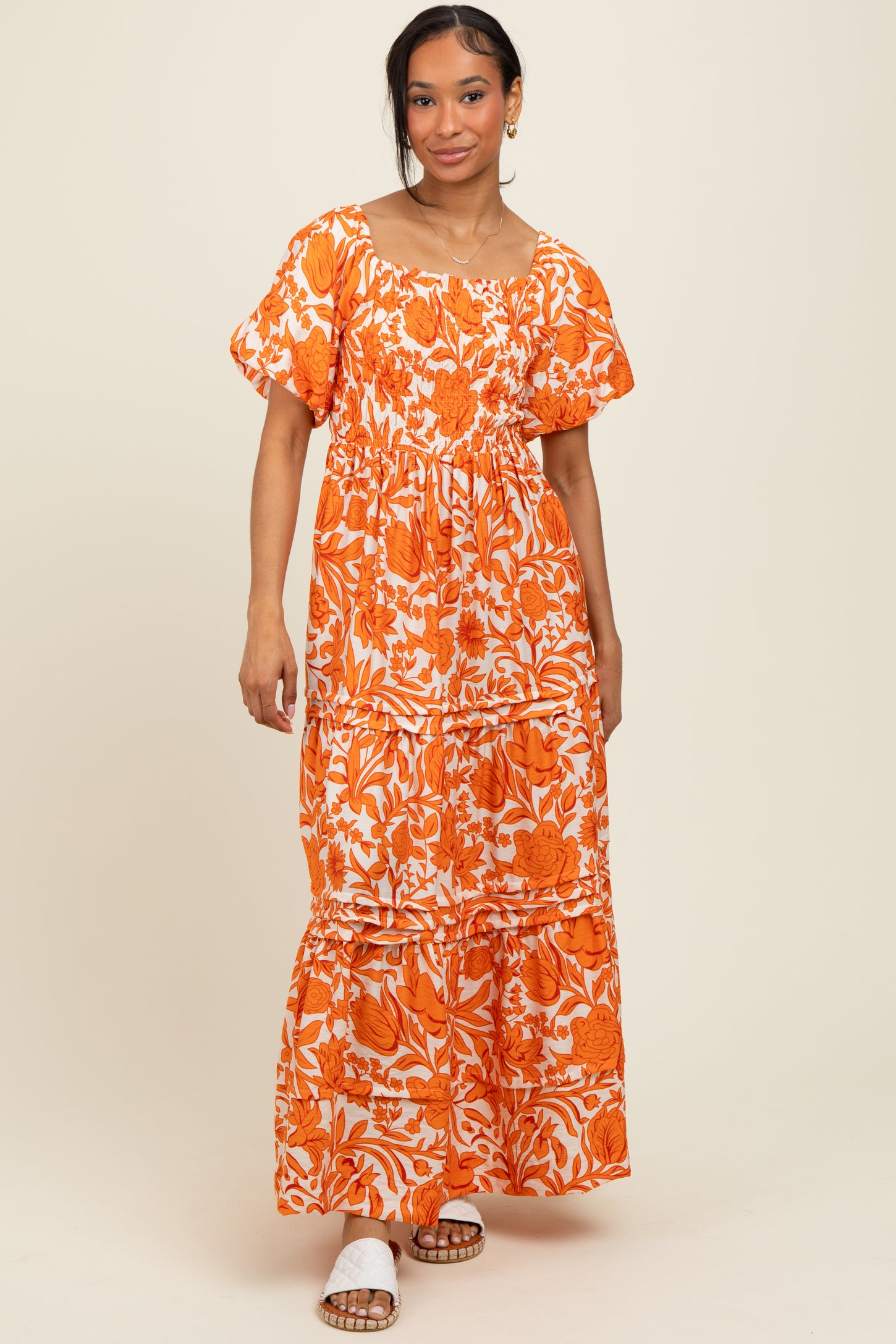 orange floral puff sleeve dress fitted lace wedding dress Orange Floral Puff Sleeve Cora Midi Dress