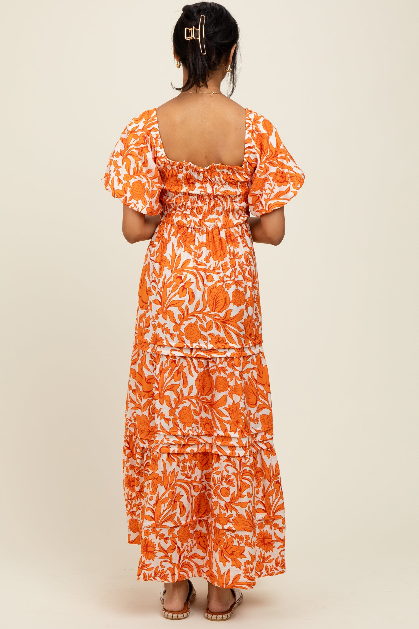 Orange Floral Smocked Puff Sleeve Maxi Dress