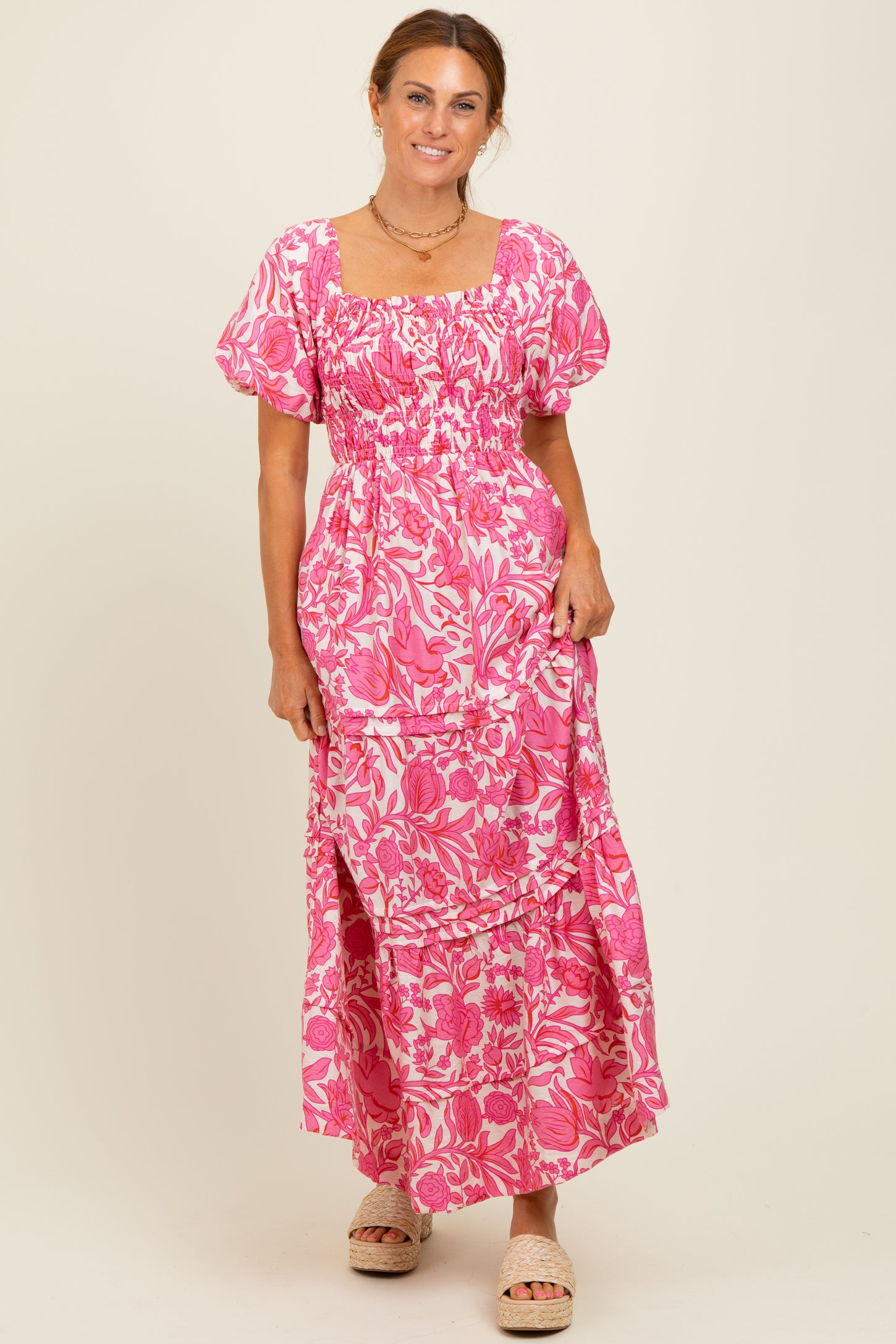 Pink Floral Smocked Puff Sleeve Maternity Maxi Dress