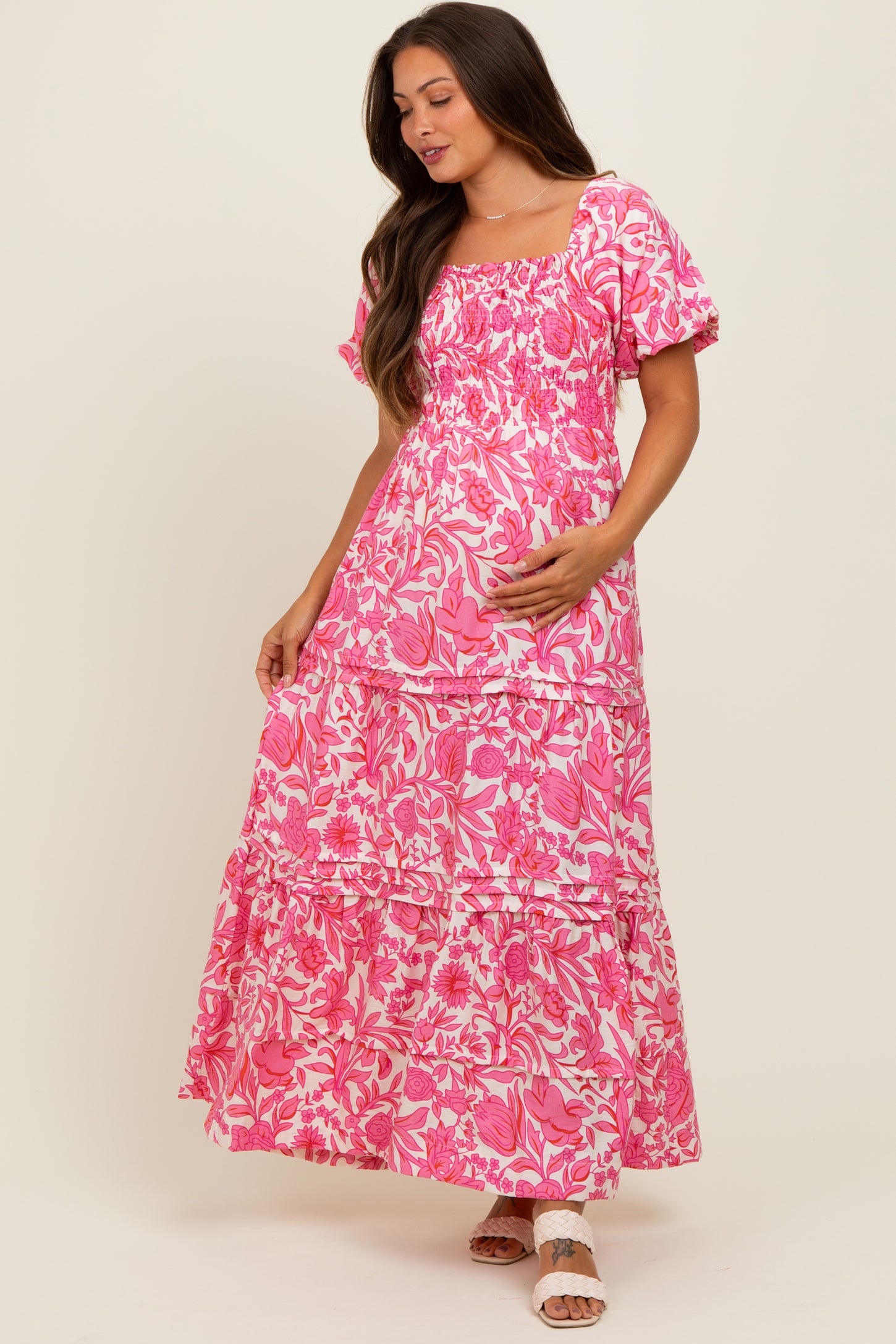 Pink Floral Smocked Puff Sleeve Maternity Maxi Dress