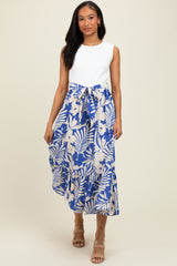 Blue Floral Contrast Top Sash Tie Sleeveless Midi Dress