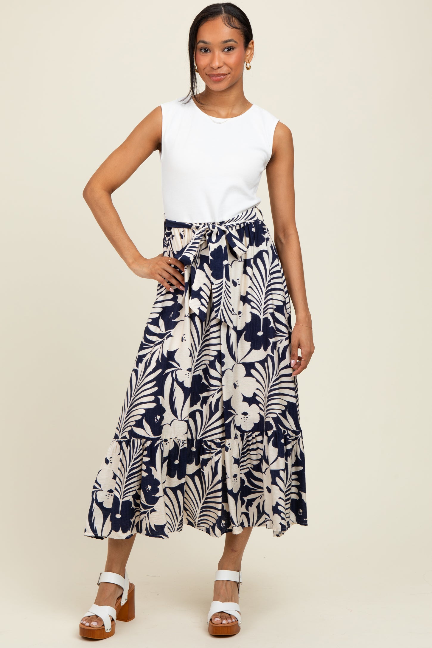Navy Floral Contrast Top Sash Tie Sleeveless Midi Dress