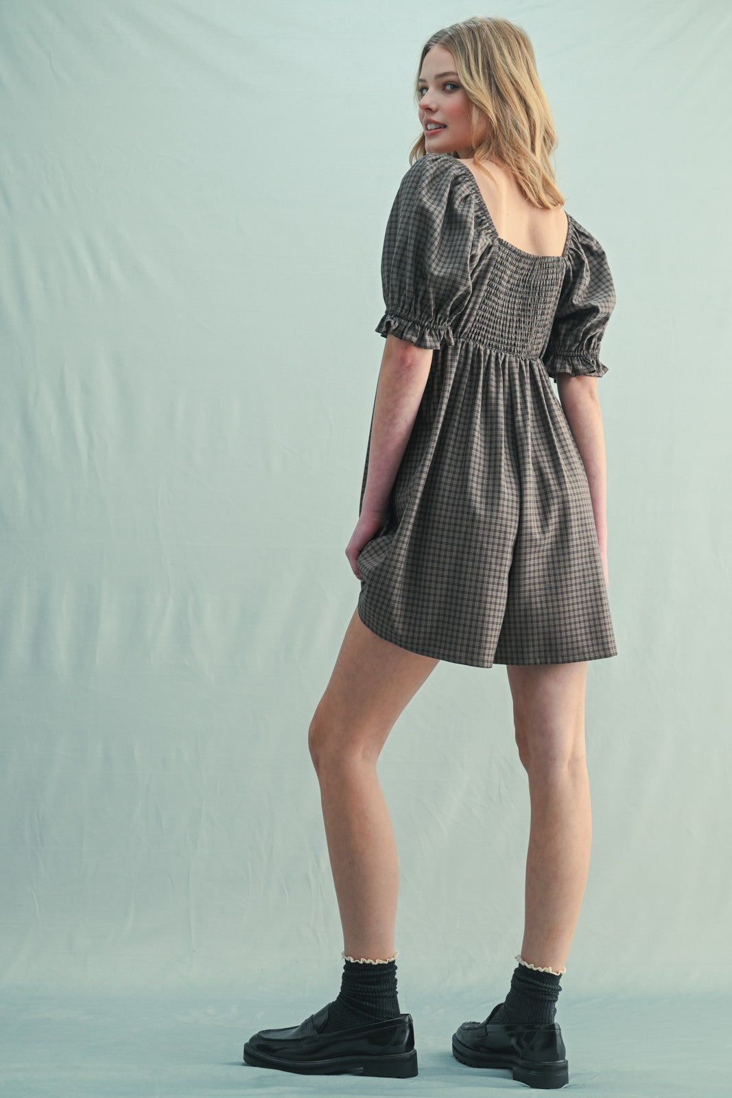 Mocha Plaid Square Neck Puff Sleeve Romper
