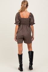Mocha Plaid Square Neck Puff Sleeve Maternity Romper