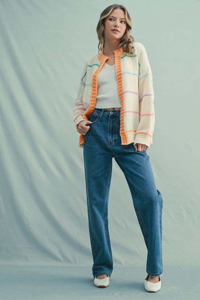 Cream Multicolor Stripe Chunky Knit Cardigan
