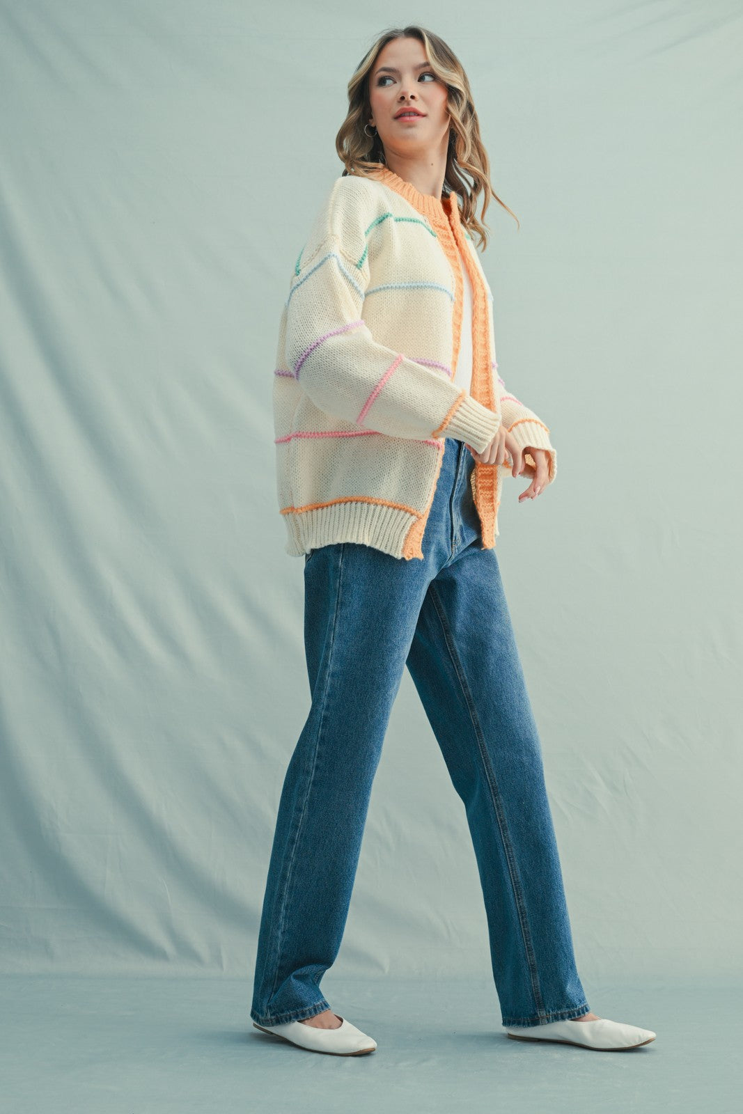 Cream Multicolor Stripe Chunky Knit Cardigan