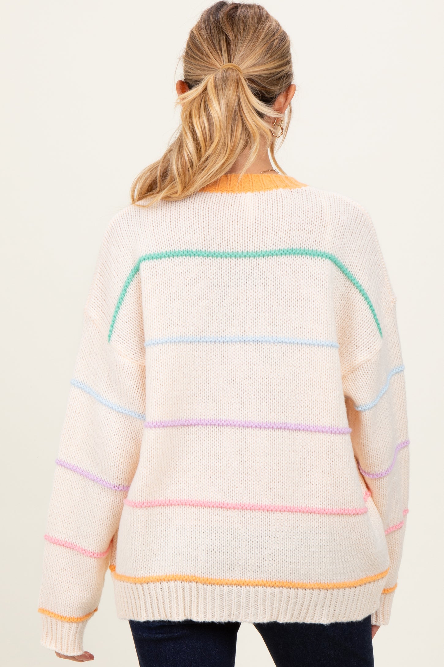 Cream Multicolor Stripe Chunky Knit Maternity Cardigan