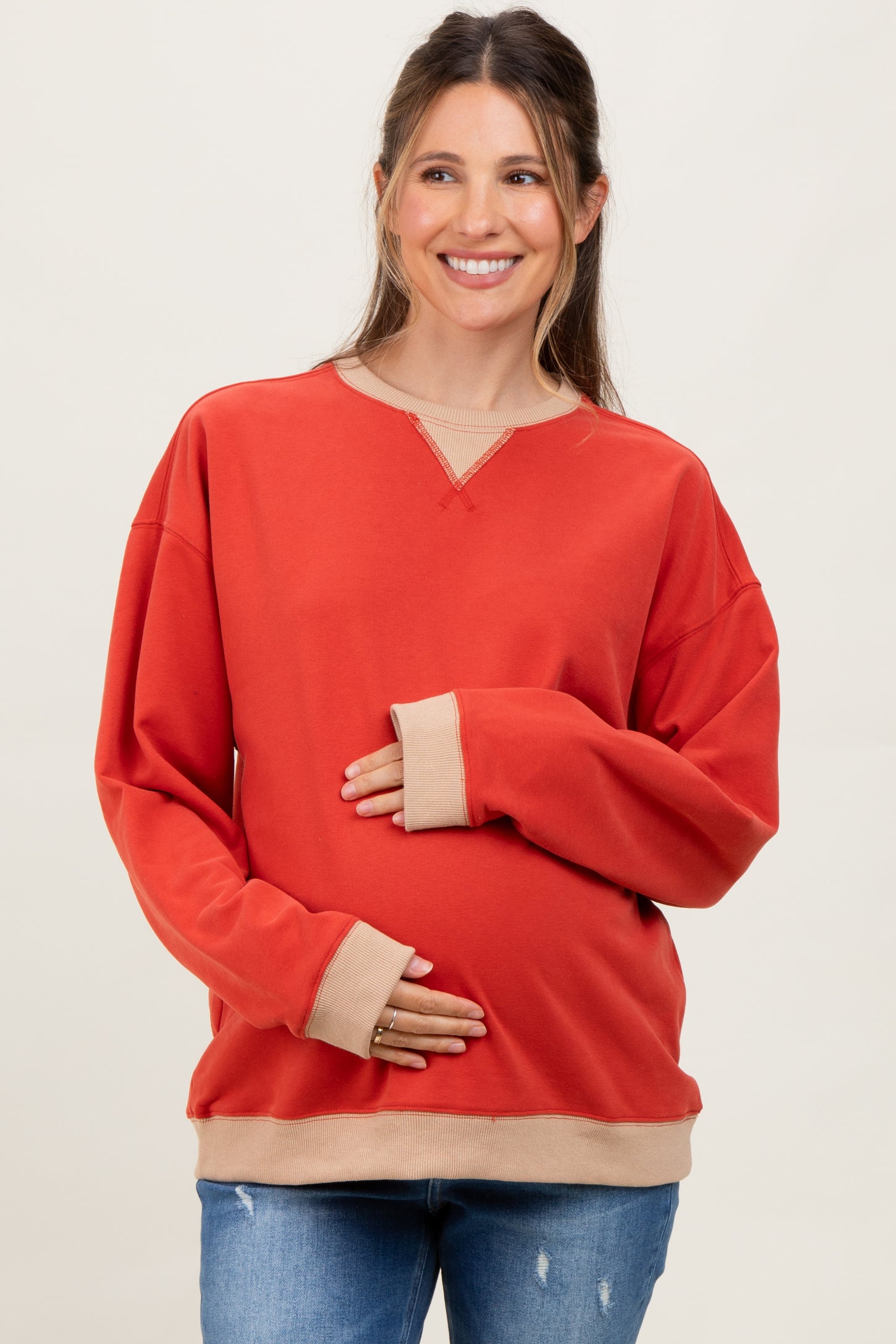 Red Colorblock Maternity Pullover Top