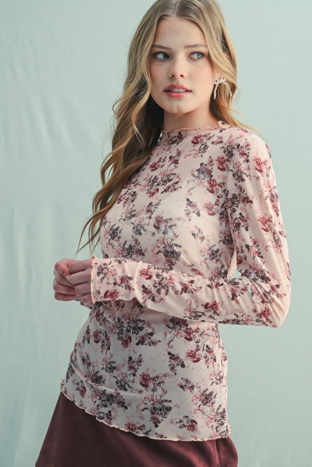 Cream Rose Floral Mesh Maternity Long Sleeve Top