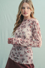 Cream Rose Floral Mesh Maternity Long Sleeve Top