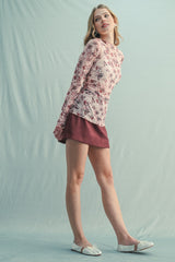 Cream Rose Floral Mesh Long Sleeve Top