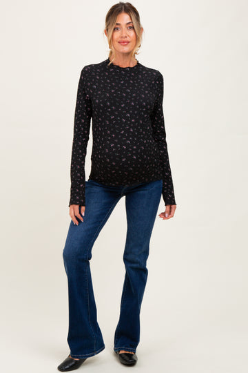 Black Floral Crinkled Texture High Neck Maternity Long Sleeve