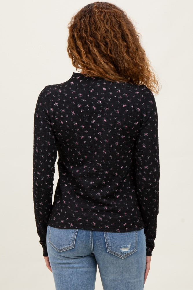 Black Floral Crinkled Texture High Neck Long Sleeve