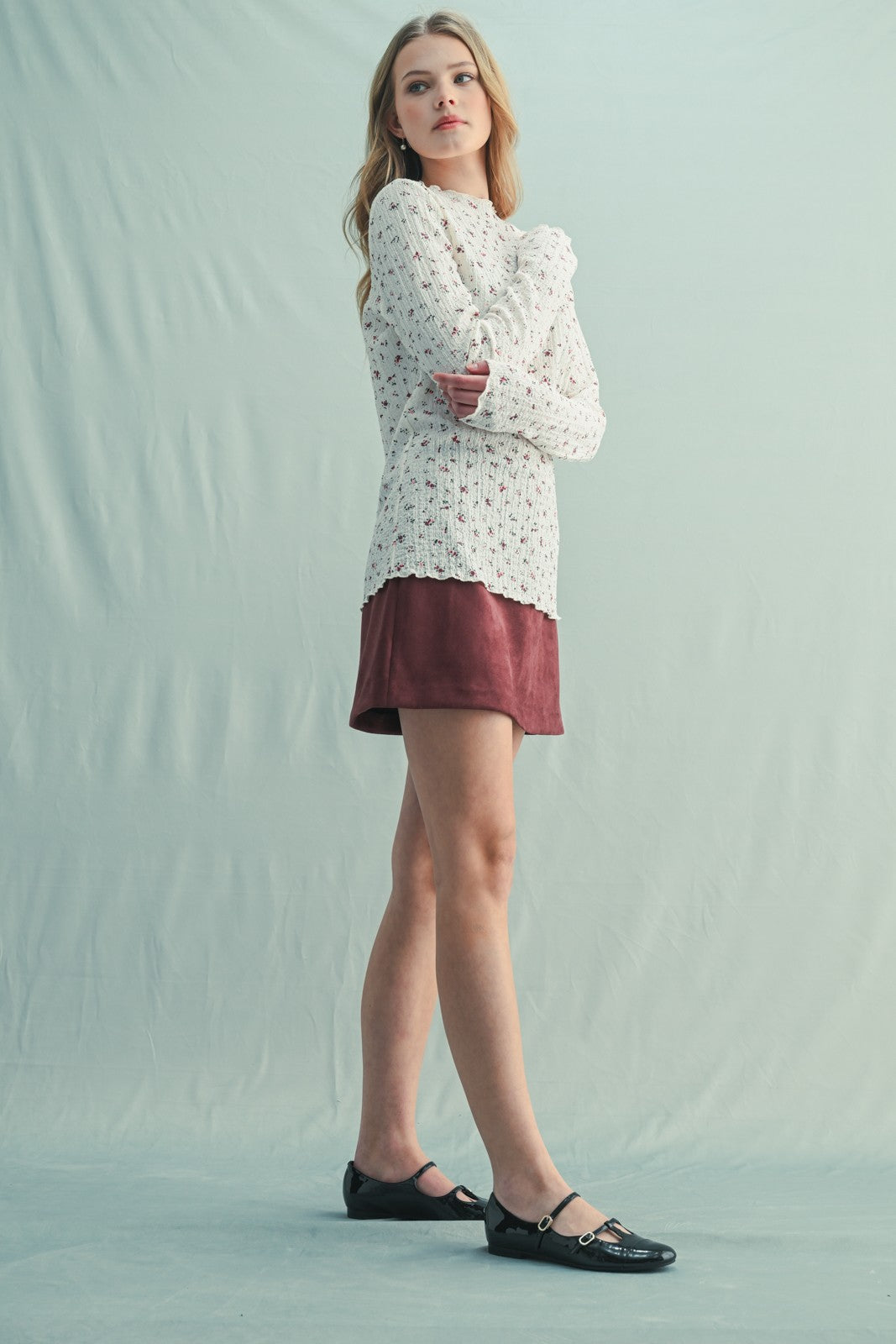 Ivory Floral Crinkled Texture High Neck Long Sleeve