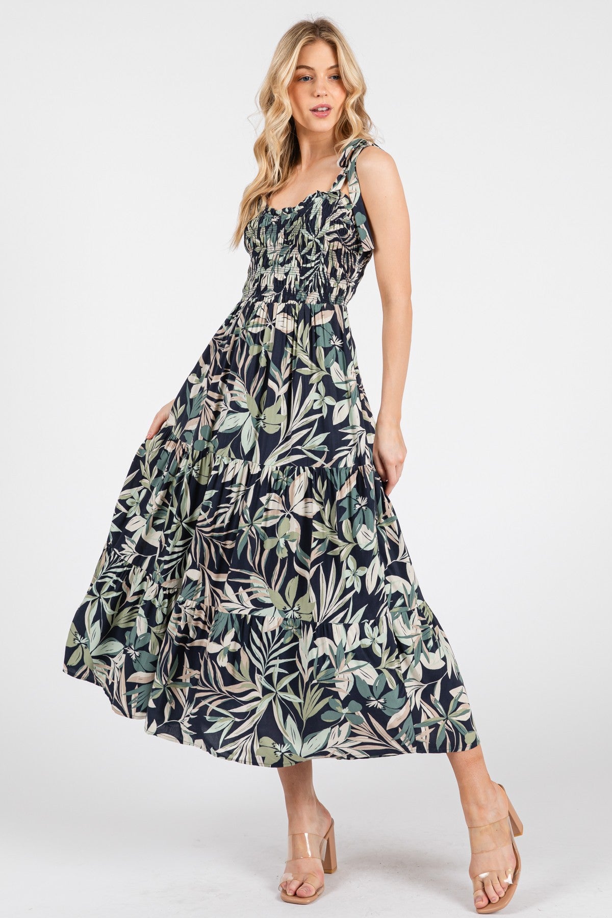 Navy Tropical Print Smocked Shoulder Tie Midi Dress