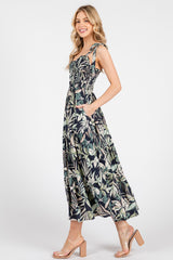 Navy Tropical Print Smocked Shoulder Tie Midi Dress