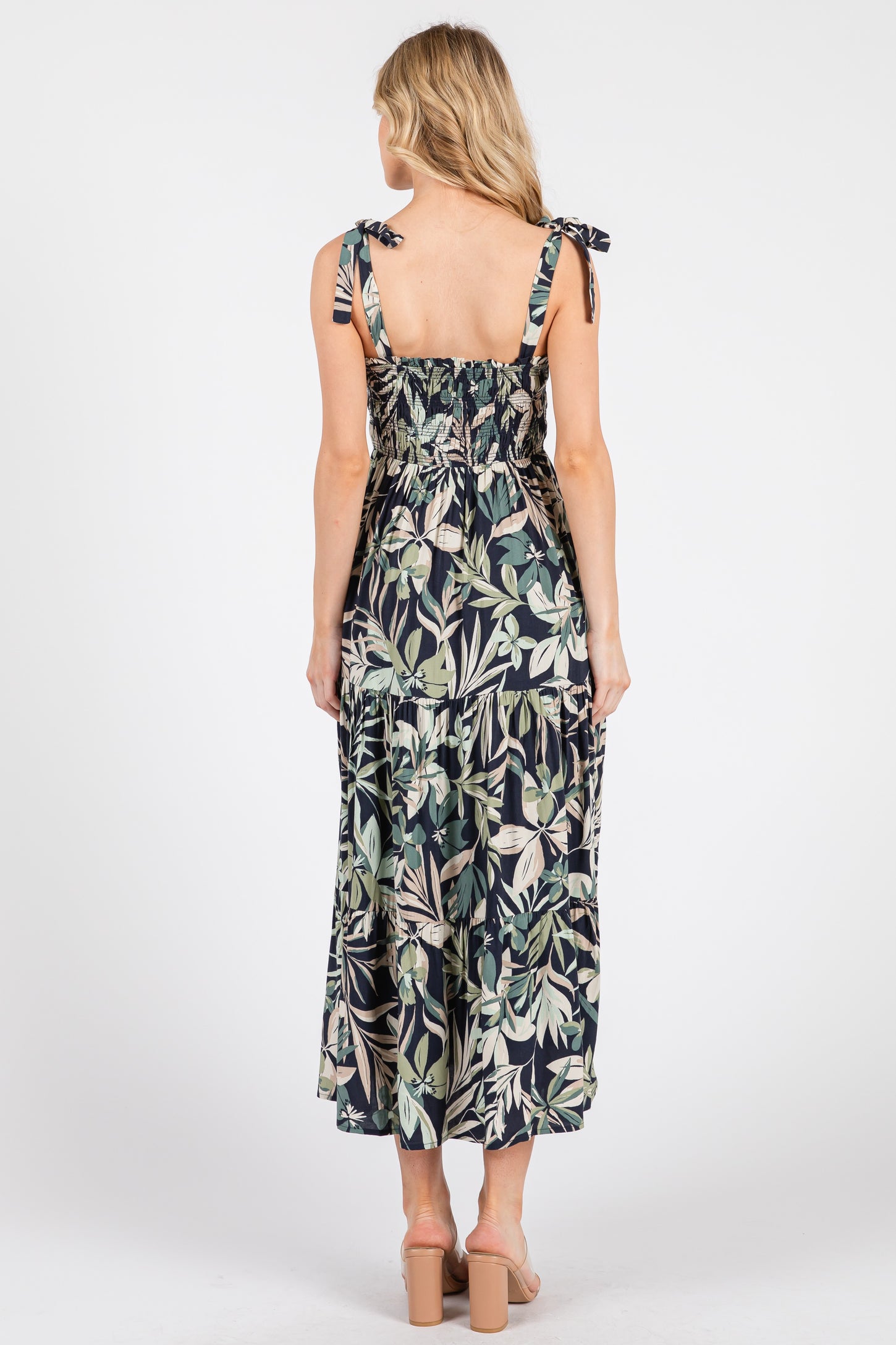 Navy Tropical Print Smocked Shoulder Tie Midi Dress