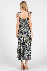 Navy Tropical Print Smocked Shoulder Tie Midi Dress