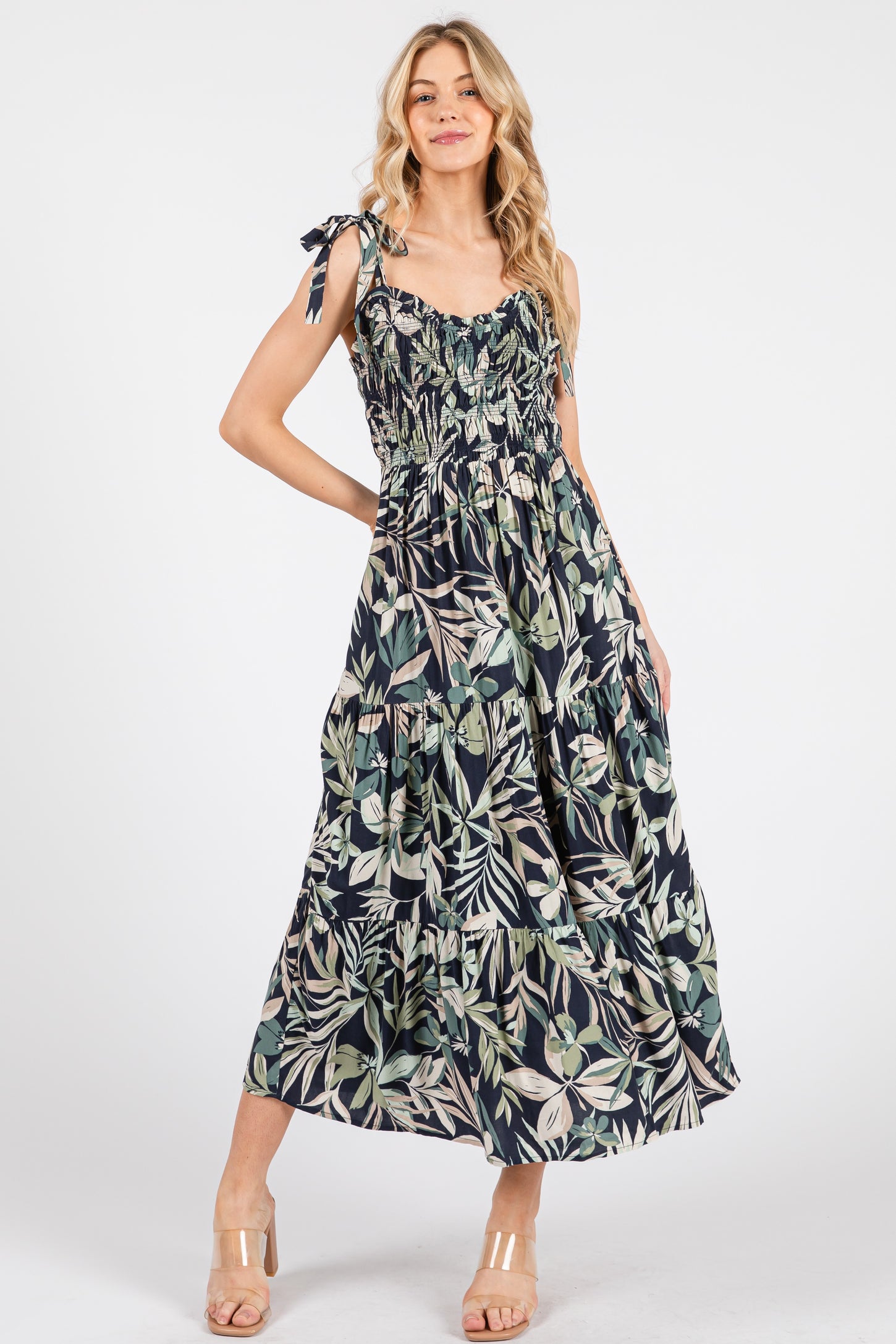 Navy Tropical Print Smocked Shoulder Tie Midi Dress