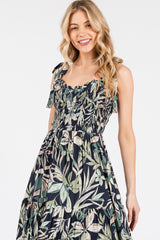 Navy Tropical Print Smocked Shoulder Tie Midi Dress