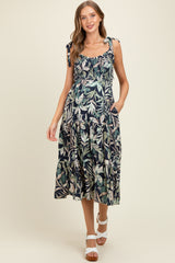 Navy Tropical Print Smocked Shoulder Tie Maternity Midi Dress