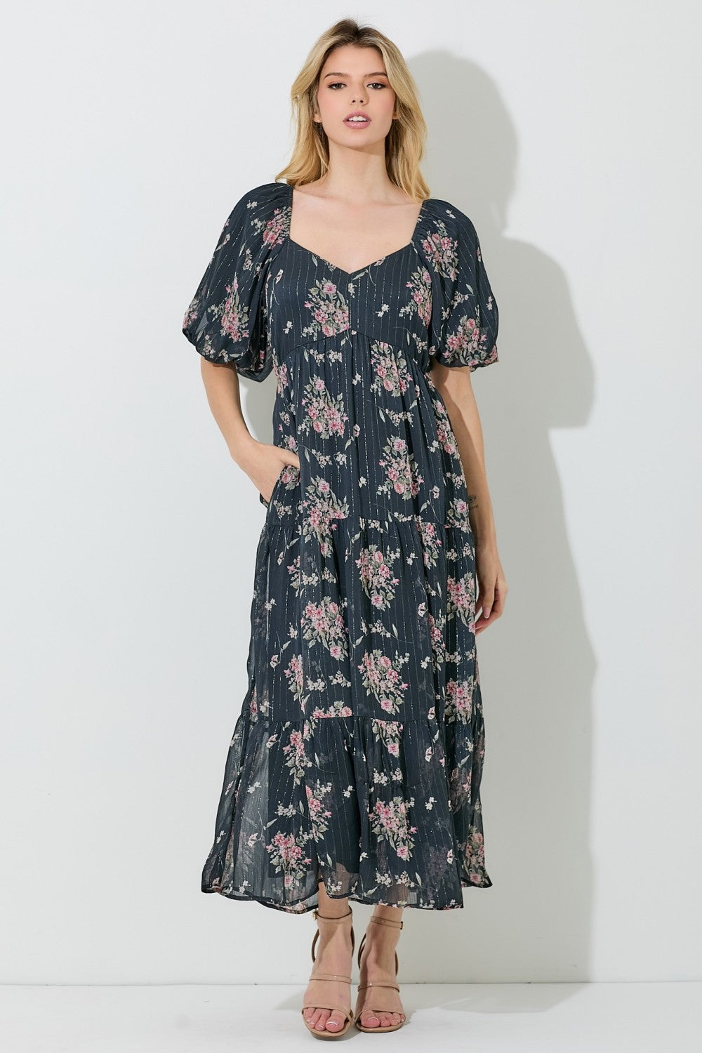 Black Floral Striped Puff Sleeve Maternity Midi Dress