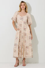 Cream Floral Striped Puff Sleeve Maternity Midi Dress