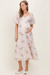 Cream Floral Striped Puff Sleeve Maternity Midi Dress
