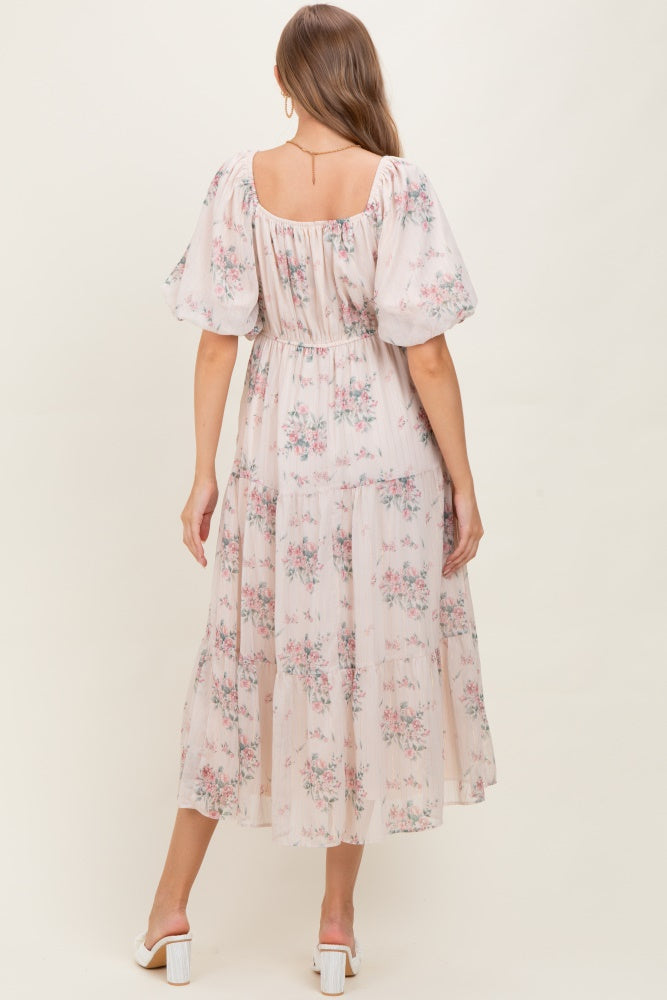 Cream Floral Striped Puff Sleeve Maternity Midi Dress