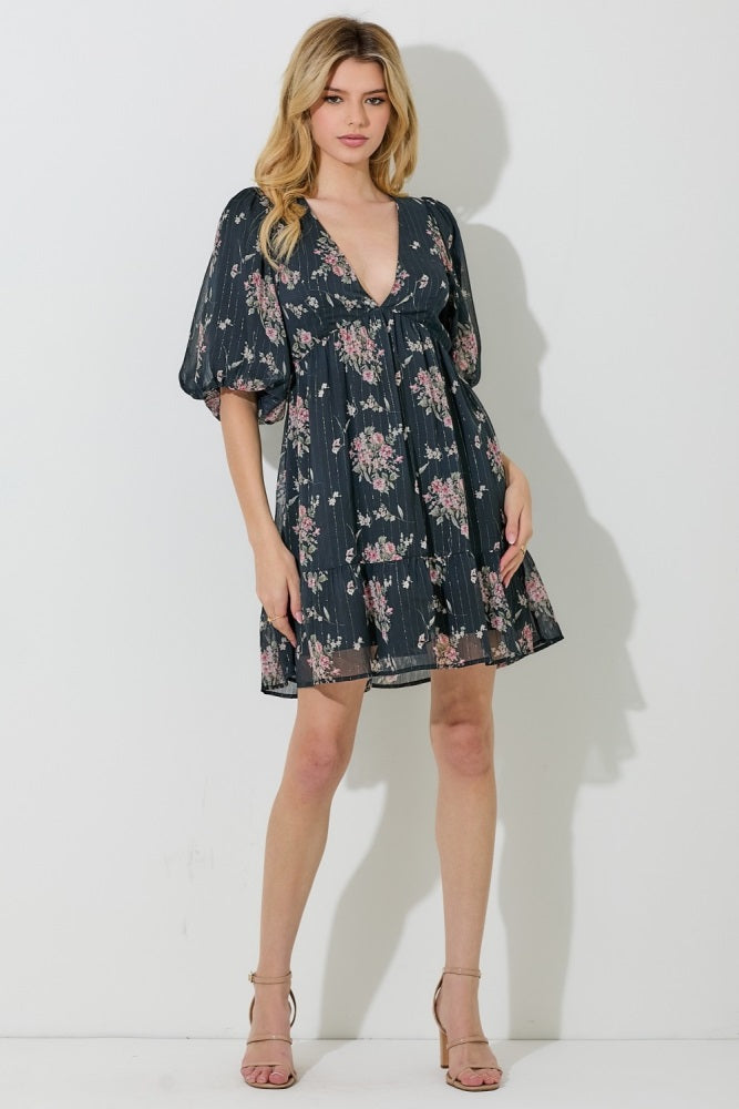 Black Floral Striped V-Neck Cutout Mini Dress  PinkBlush