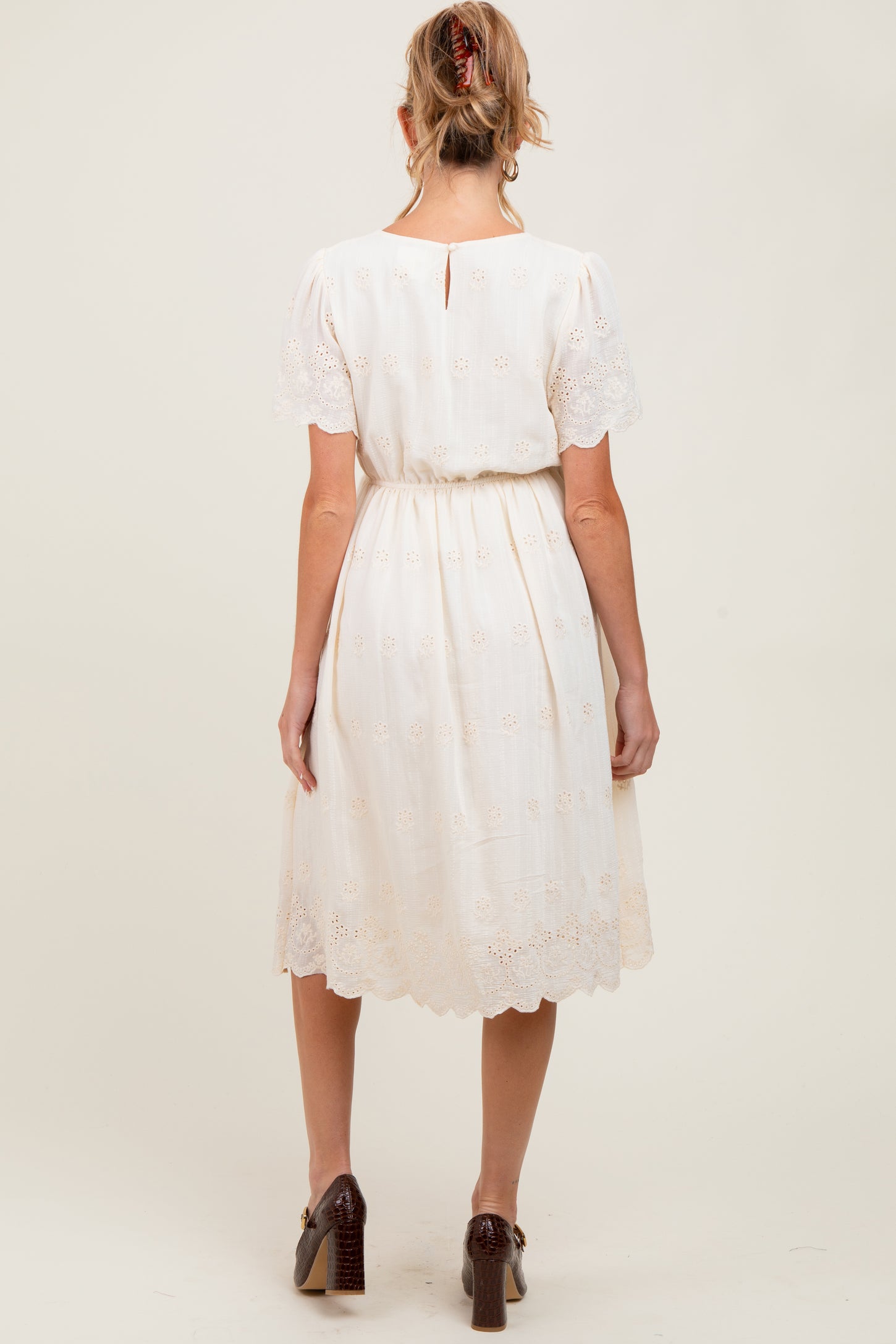 Cream Eyelet Lace Scallop Hem Maternity Midi Dress PinkBlush Cream Eyelet Lace Scallop Hem Maternity Midi Dress PinkBlush