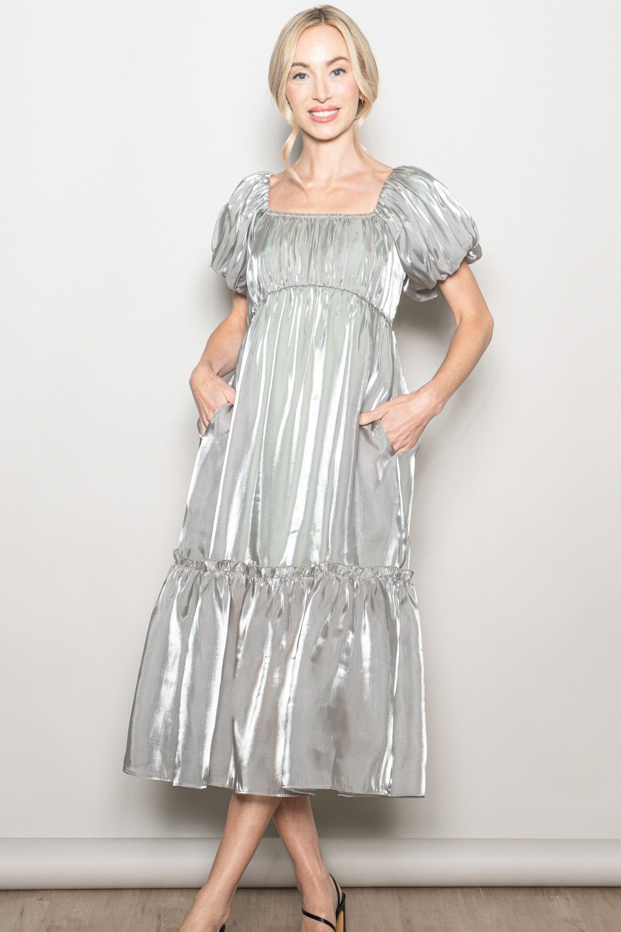 Light Olive Organza Puff Sleeve Midi Dress