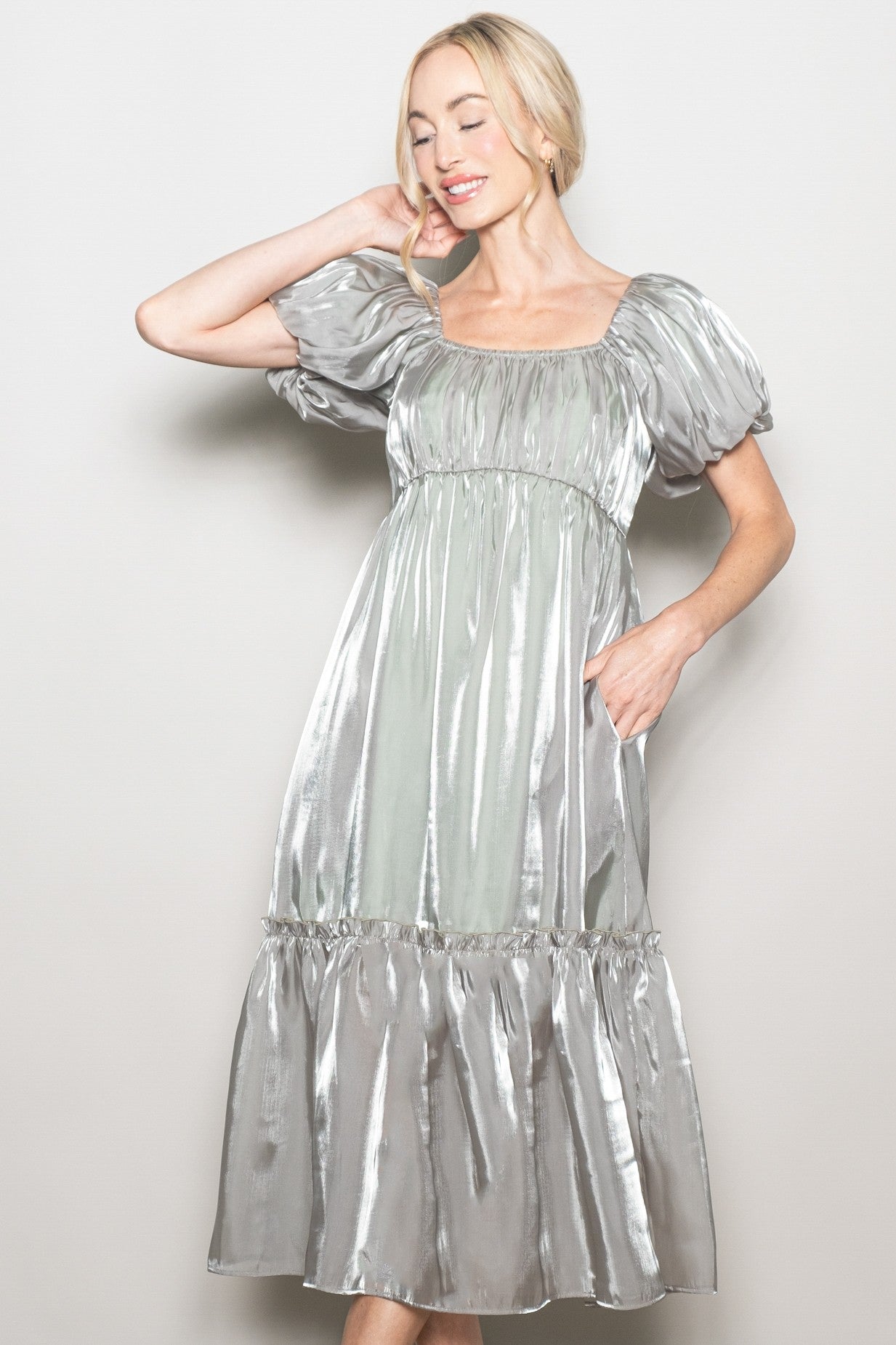 Light Olive Organza Puff Sleeve Midi Dress