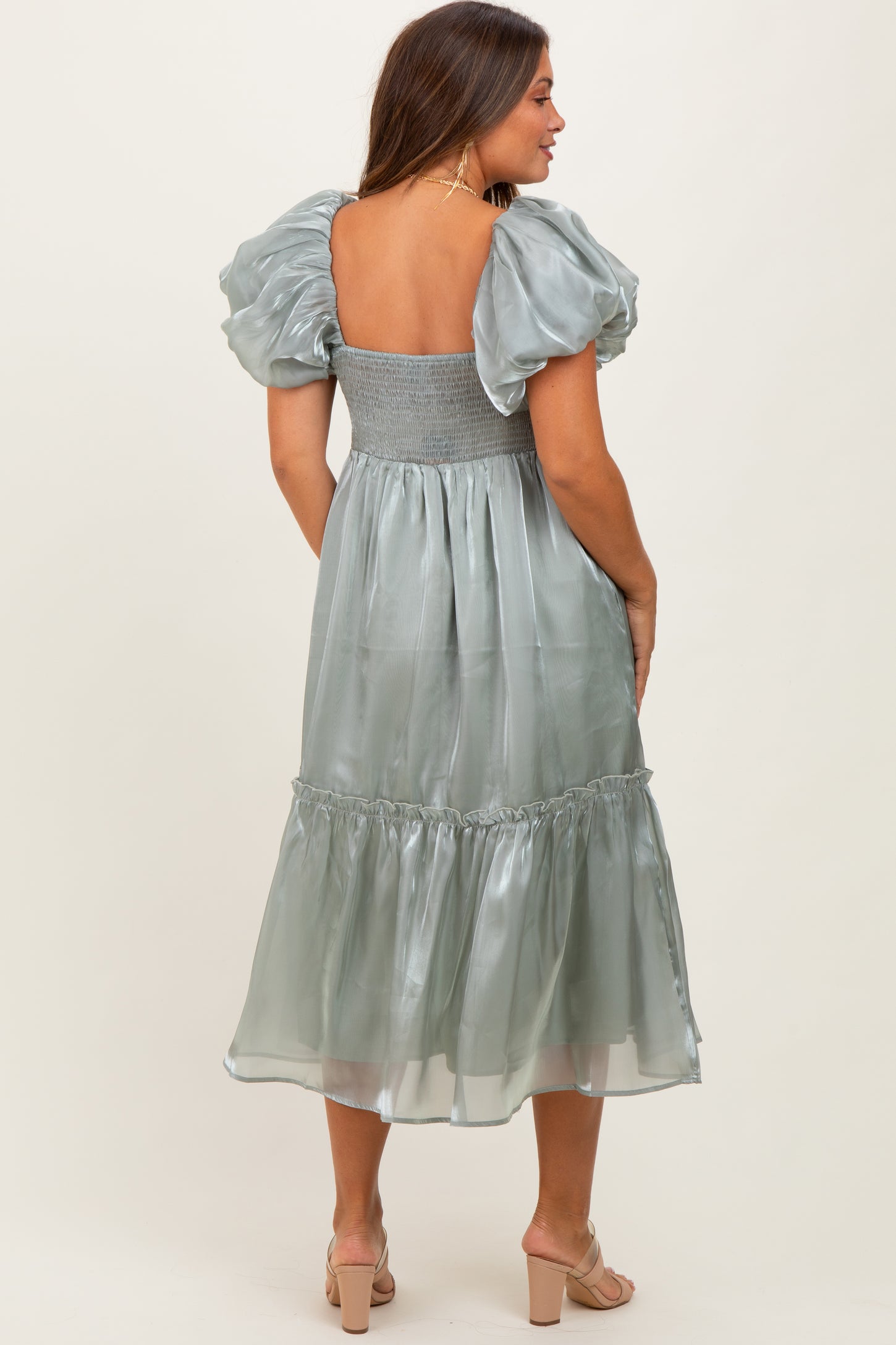 Light Olive Organza Puff Sleeve Maternity Midi Dress