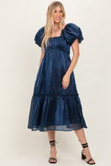 Navy Organza Puff Sleeve Maternity Midi Dress