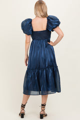 Navy Organza Puff Sleeve Midi Dress
