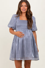 Silver Organza Smocked Puff Sleeve Maternity Mini Dress