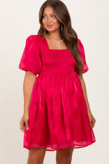 Red Organza Smocked Puff Sleeve Maternity Mini Dress