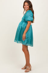 Light Teal Organza Smocked Puff Sleeve Maternity Mini Dress