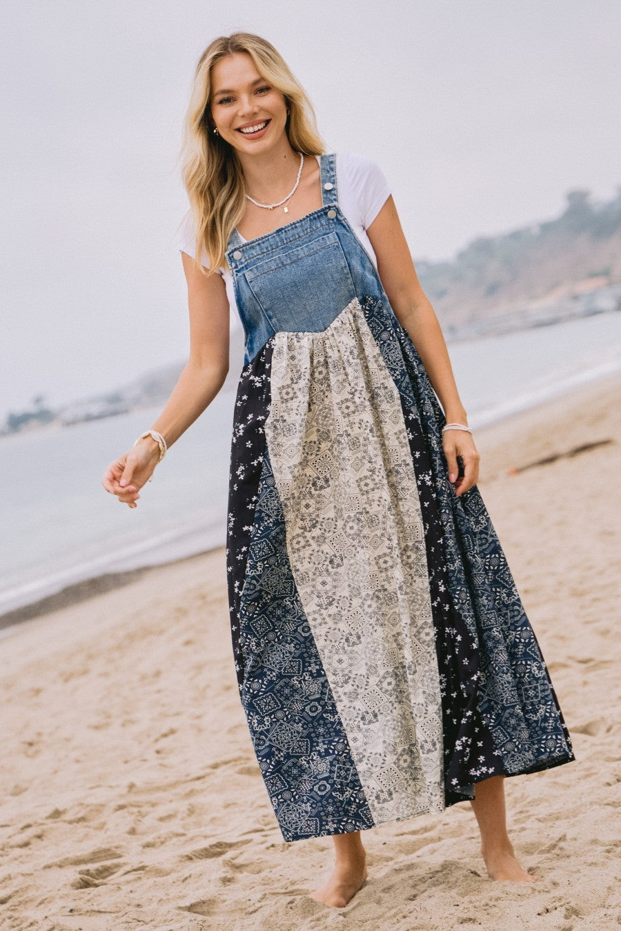 Blue Floral Colorblock Print Denim Contrast Dress PinkBlush Blue Floral Colorblock Print Denim Contrast Dress PinkBlush