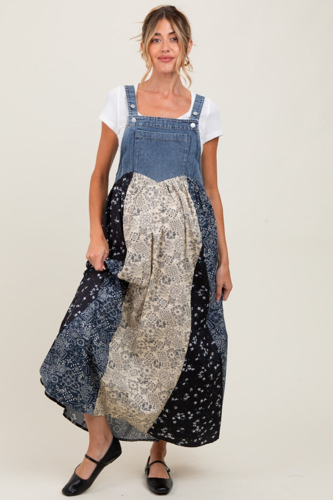 Blue Floral Colorblock Print Denim Contrast Maternity Dress