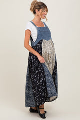 Blue Floral Colorblock Print Denim Contrast Maternity Dress