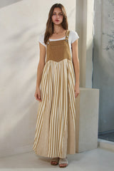 Camel Striped Colorblock Denim Contrast Maxi Dress