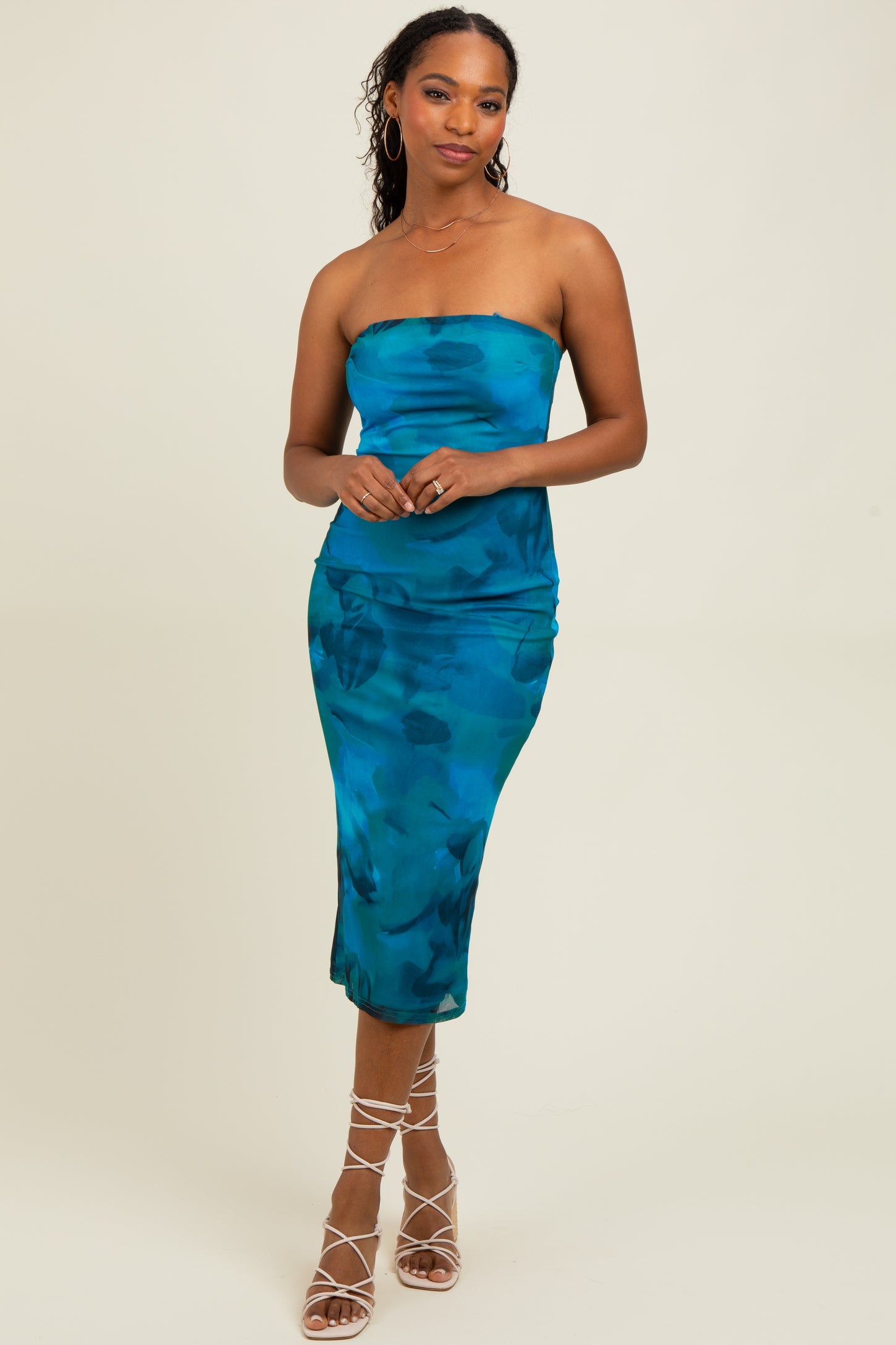 Turquoise Mesh Abstract Print Strapless Midi Dress