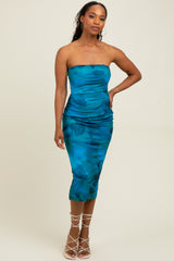 Turquoise Mesh Abstract Print Strapless Midi Dress