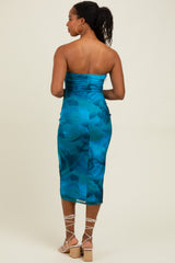 Turquoise Mesh Abstract Print Strapless Midi Dress